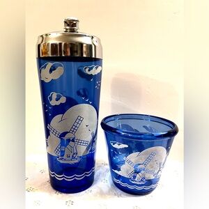 Vintage Cobalt Blue Windmill Cocktail Shaker with matching windmill ice …
